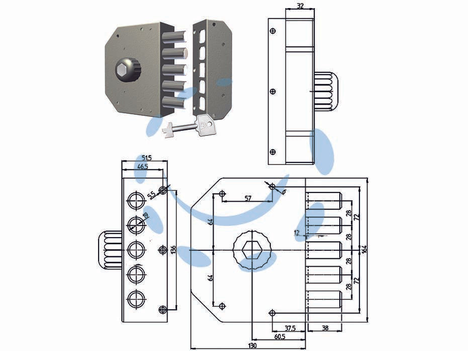 Serratura da applicare senza scrocco con pomolo a pompa 3000 - cilindro mm.60 DX (3000-02N) - serratura da applicare con cilindro a pompa senza scrocco, 5 catenacci, comando interno: pomolo, finitura verniciata, 1 punto...