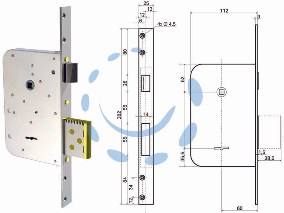 Serratura infilare c/scrocco d.mappa reversibile 5000 - chiave mm.72 (5000-01) - serratura doppia mappa per porte in legno, ferro ed alluminio con scrocco azionato da chiave e da quadro maniglia infilare, a...