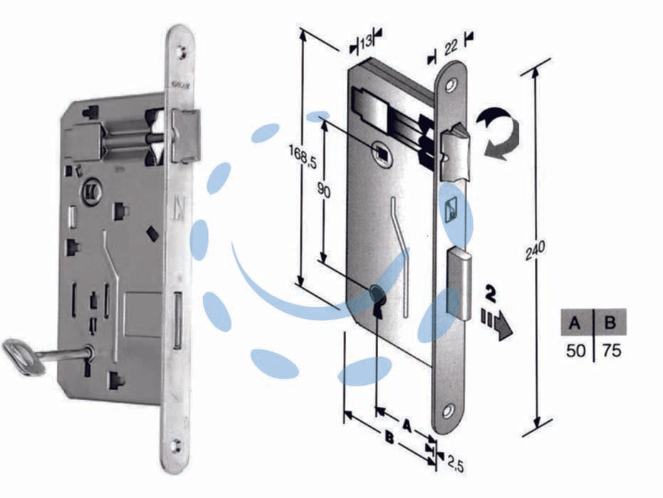 Serratura a bussola da infilare bordo tondo cromo opaco - mm.50 bordo cromo opaco - scatola in acciaio lucido, quadro maniglia mm.8 dotazione 1 chiave, interasse mm.90, frontale bordo tondo