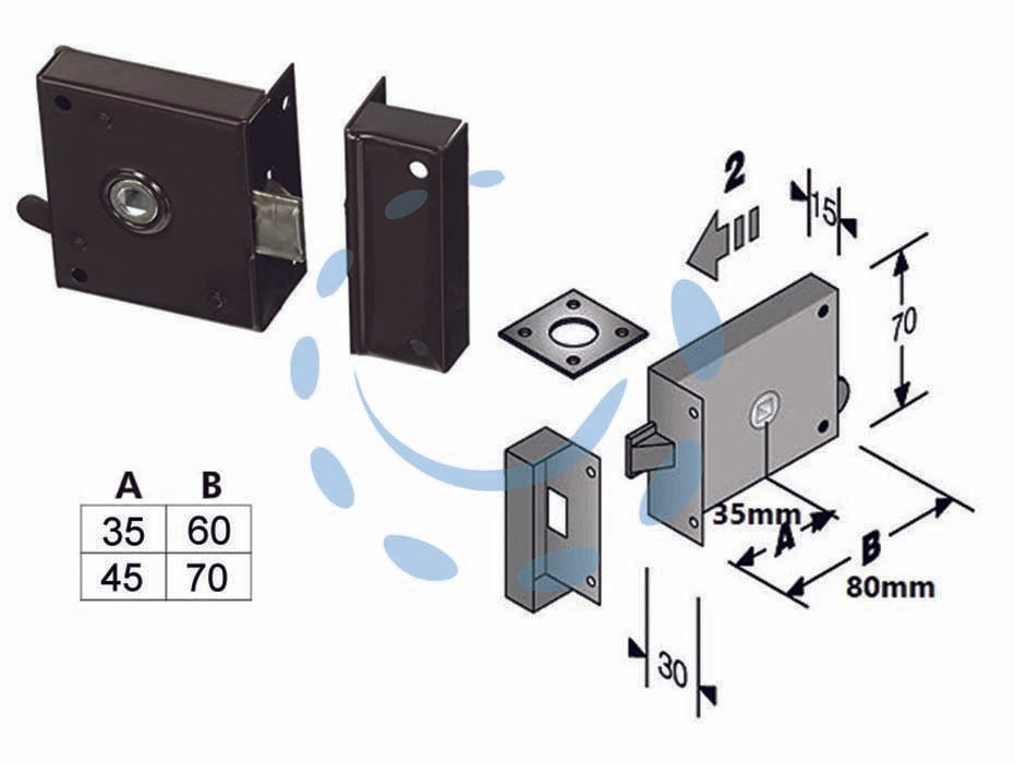 Serratura da applicare per cantine solo scrocco 189 - entrata mm.45 lunghezza mm.70 DX - in dotazione: 1 contropiastra, 2 mostrine, verniciata marrone
