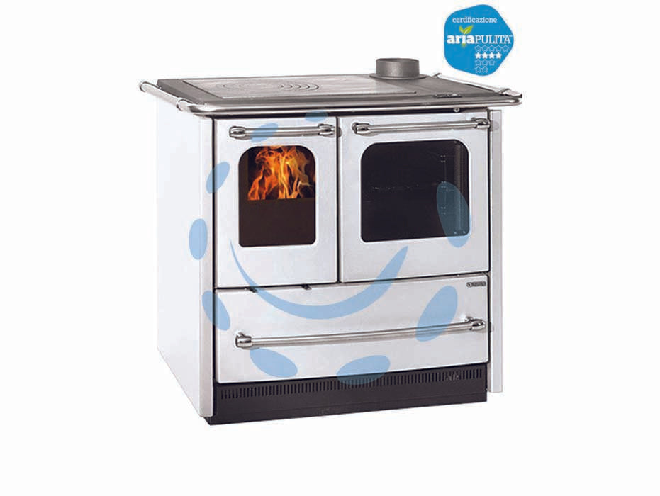 Cucina a legna sovrana easy evo 2.0 7,5 kw bianca - misure cm.96,4x64,1x84,8h. - peso Kg.140 - 7,5 Kw potenza nominale utile per mc.215 riscaldabili, consumo Kg/h.2,2, tubo uscita fumi ø cm.13, rendimento 81%, focolare i...