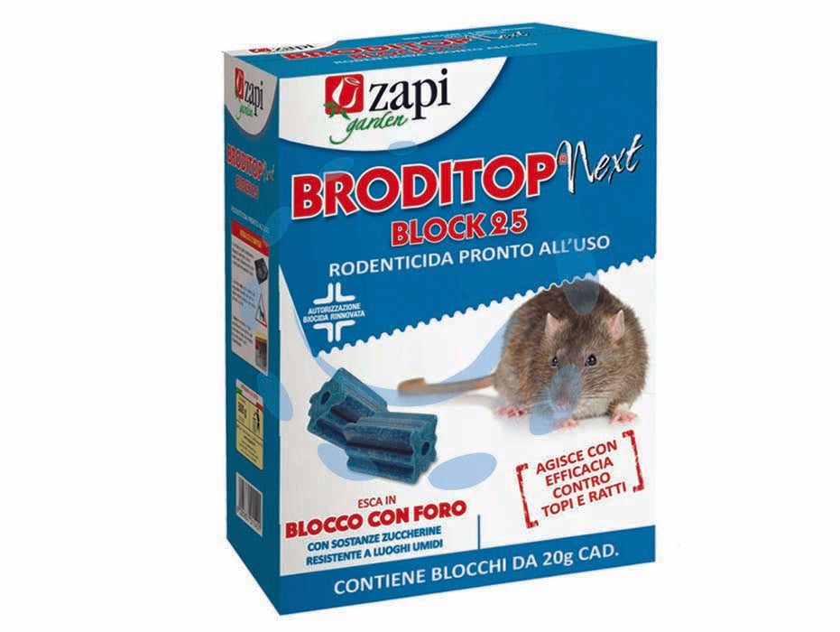 Topicida broditop next block 25 - astuccio gr.300 con 20 blocchi cad. - esca in blocco pronta all'uso contiene blocchi estrusi da gr.20 con foro, arricchiti con sostanze zuccherine e ingredienti al...