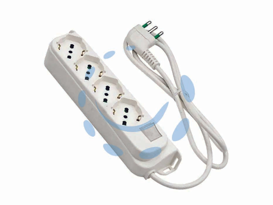 Multipresa 4 posti bipasso+schuko c/interr.termico 2 poli+ t16a retail - bianca 474204 - cavo mt.1,5 3G0,75 H5VV-F, spina salvaspazio a 90° taliana 2P+T 10A, con asole di fissaggio su due piani perpendicolari per p...