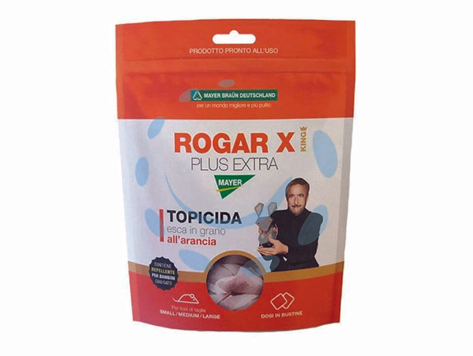 Topicida rogar x plus extra king - gr.150 in busta - esca rodenticida idrorepellente e croccante in grani aromatizzati all’arancio, che rimangono fragranti per lungo tempo, il pa...