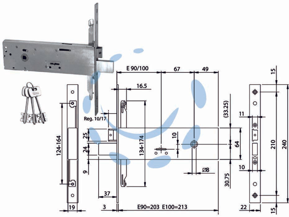 Serratura triplice da infilare doppia mappa per fasce mm.64 h 96311 - mm.90 (963110902) - chiusura triplice, agganci aste a vite, 3 chiavi da mm.79, frontale inox mm. 240x22x3, altezza cassa mm.64, quattro mandate, ...