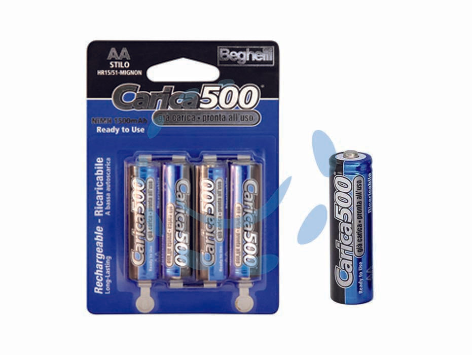 Pila stilo aa carica500 - 1,2v 1500 mAh blister da 4 pezzi - mantengono l’80% della carica anche dopo 12 mesI, ideali nell’uso con telecomandi, cordless, radio, eccezionali anche nell’us...