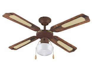 Ventilatore tipo legno da soffitto 1 luce - ø 107 cm - tensione 230v / 50Hz, potenza assorbita 55w, motore a 3 velocità, 4 pale con finiture colore tipo legno, plafoniera in vetro ...