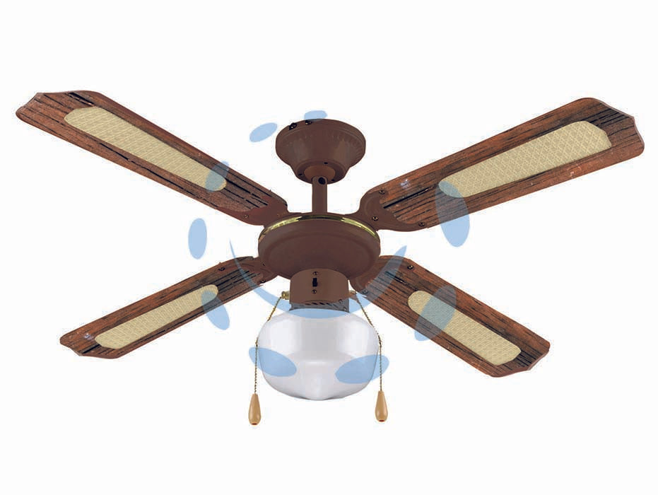 Ventilatore tipo legno da soffitto 1 luce - ø 107 cm - tensione 230v / 50Hz, potenza assorbita 55w, motore a 3 velocità, 4 pale con finiture colore tipo legno, plafoniera in vetro ...