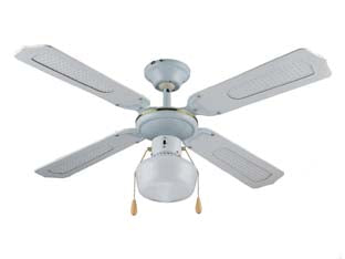 Ventilatore tipo legno bianco da soffitto 1 luce - ø 107 cm - tensione 230v / 50Hz, potenza assorbita 55w, motore a 3 velocità, 4 pale con finiture colore tipo legno, plafoniera in vetro ...