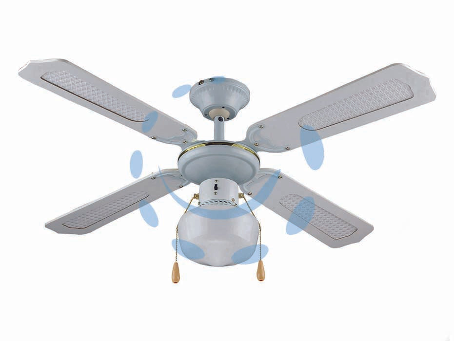 Ventilatore tipo legno bianco da soffitto 1 luce - ø 107 cm - tensione 230v / 50Hz, potenza assorbita 55w, motore a 3 velocità, 4 pale con finiture colore tipo legno, plafoniera in vetro ...