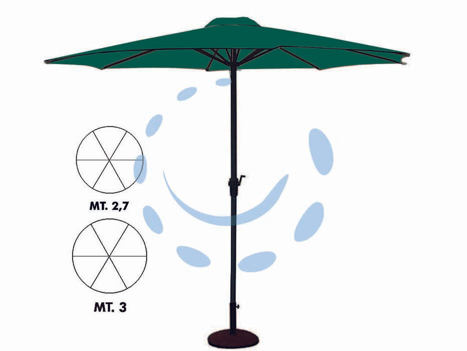 Ombrellone in metallo tondo con manovella - ø cm.270 palo ø mm.38 a 6 stecche - struttura in metallo color antracite, copertura in poliestere 160 gr/mq colore verde, (base non compresa)