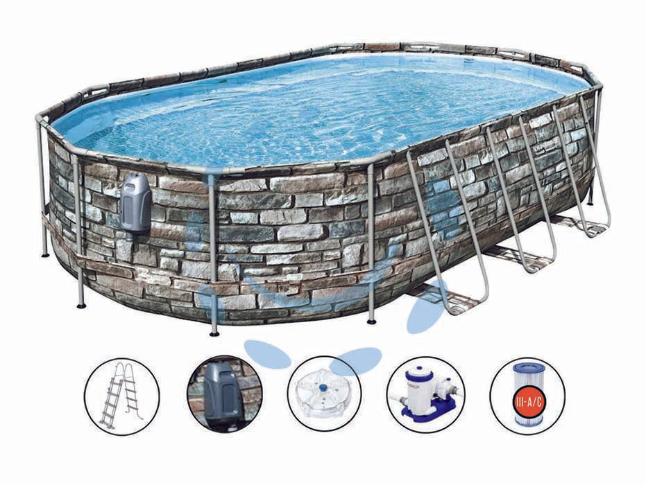 Piscina power steel comfort jet ovale cm.610x366x122h. -kg.104,6 - lt.20.241 -filtro cartuccia(art.56719) - effetto pietra, con nuovo sistema idromassaggio, pompa di filtraggio 58391 (9.463 L/H), Cartuccia 58095 (IV-B) , include: luc...