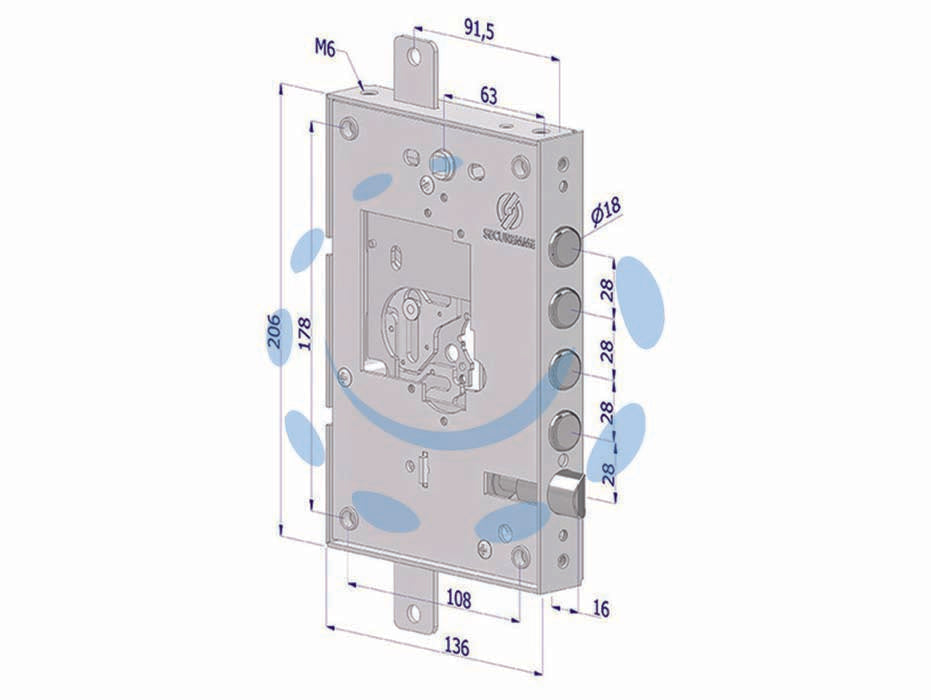 Serratura triplice applicare per porte blindate nuda s/cuore int.28 25 - SX (2501SCR0328) - predisposta per cuore sia a doppia mappa che a cilindro, scrocco reversibile, chiusura triplice, a serratura chiusa la manigl...