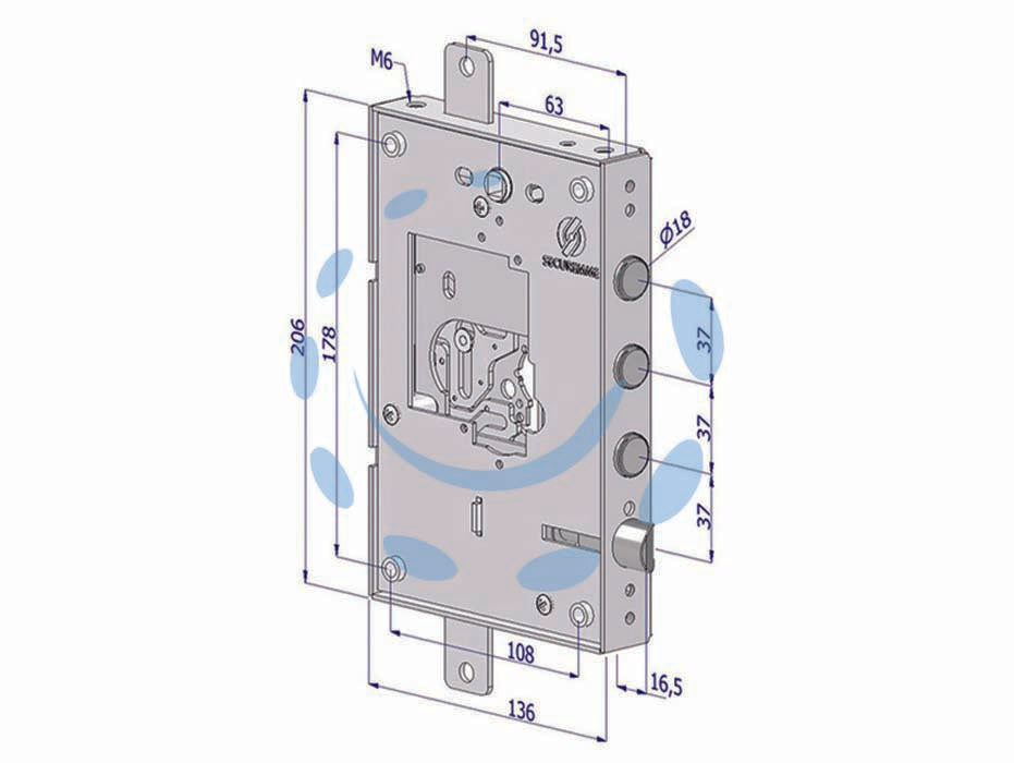 Serratura triplice applicare per porte blindate nuda s/cuore int.37 25 - DX (2501DCR0337) - predisposta per cuore sia a doppia mappa che a cilindro, scrocco reversibile, chiusura triplice, a serratura chiusa la manigl...