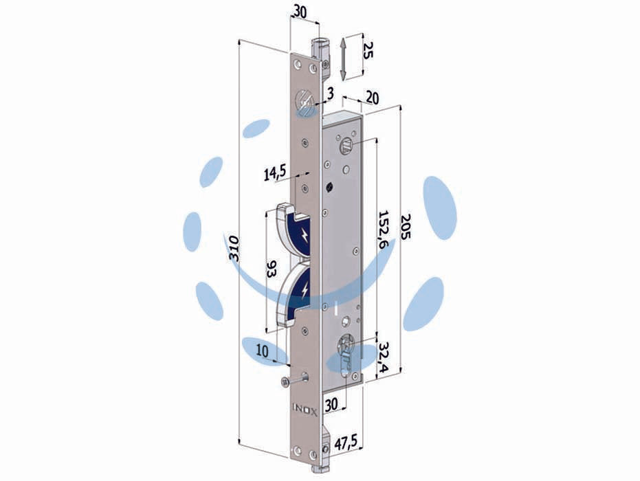 Serratura triplice hooks in acc.inox prof. europeo per persiane 2143 - mm.30 (2143XAI3030) - scatola in acciaio zincato, frontale in acciaio inox, serratura per grate e persiane a cilindro europeo a 2 ganci, corsa aste...