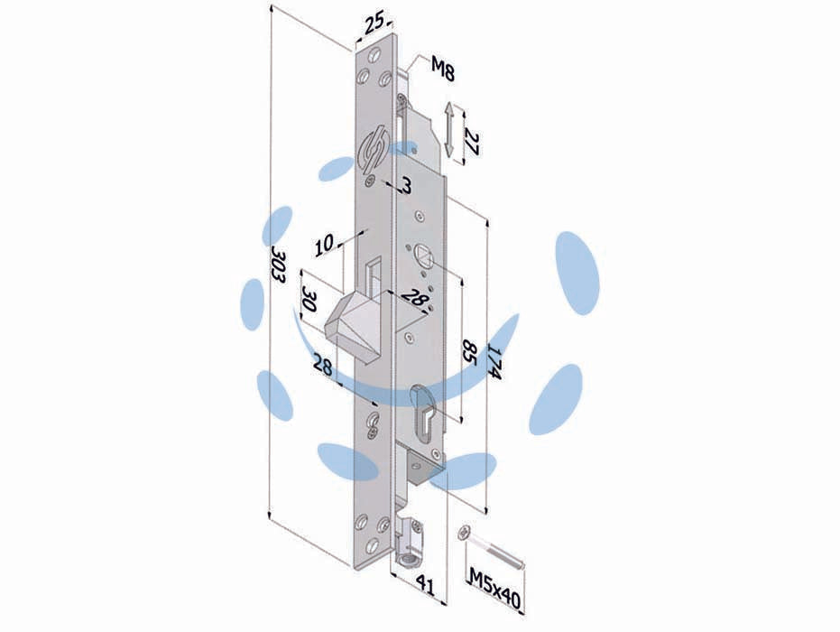 Serratura triplice extension profilo europeo per persiane 2153 - mm.35 (2153XZB3525) - scatola e frontale in acciaio zincato, serratura per grate e persiane a cilindro europeo, corsa aste mm.28, funzionamento del...