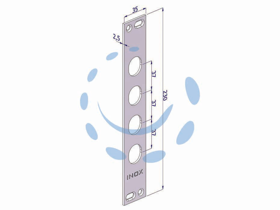 Contropiastra p/serrature porte blindate in acciaio inox int.37 cp2500 - (CP2500XAI37) - in acciaio inox, adatta per serrature per porte blindate art.250, 251, 261, 265, 270, mm.35x230x3