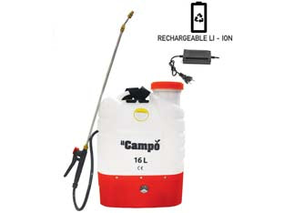 Pompa a zaino a batteria litio 12v lt.16 - cm.38x18,5x52h. - materiale PE, pressione d'esercizio 0.15-0.5 Mpa, lancia L14 con ugelli in otttone, 3 ugelli in plastica di ricambio, batteri...