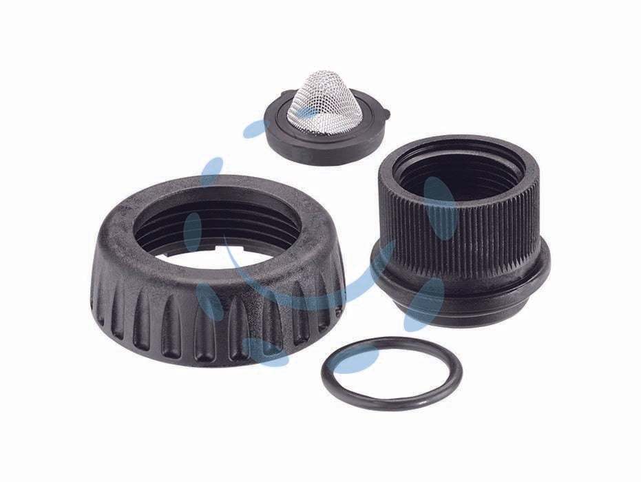 Ricambio ghiera-presa 3/4” per programmatori in blister 91006 - Ricambio attacco rubinetto per programmatori Claber linea Aquauno e Aquadue. Formato da: presa rubinetto 3/4” F, filtro lavab...