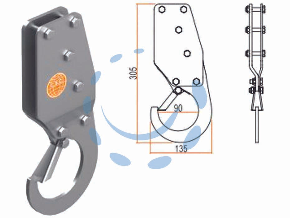 Gancio per sollevamento di sicurezza - mm.135x305 - portata kg.50, peso del gancio per sollevamento kg.2, con sistema autobloccante della fune, zincato, direttiva 2006/42/CE