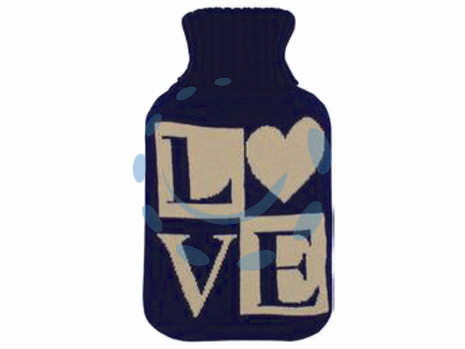 Borsa acqua calda love black 2l - gomma bilamellata, imboccatura larga, tappo mm 18, rivestimento esterno in maglia decorata