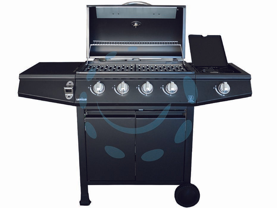 Barbecue a gas gpl 4 bruciatori + 1 fornello - cm.126x52x103h. - materiale: acciaio verniciato, colore nero, zona cottura: cm.60x33, coperchio acciaio verniciato ad alta termperatura, 2 grig...