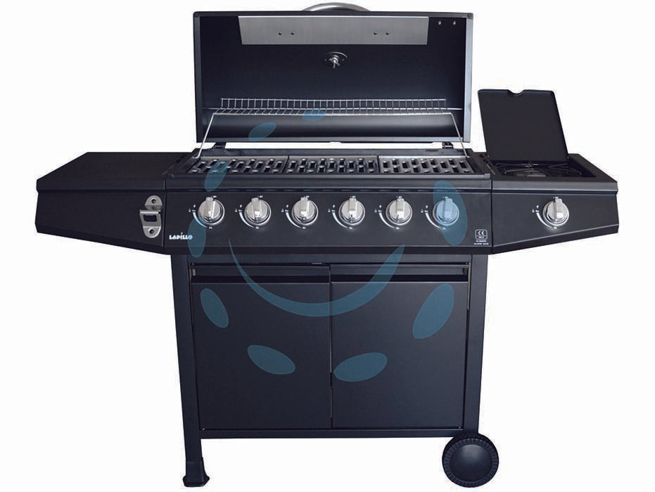 Barbecue a gas gpl 6 bruciatori + 1 fornello - cm.137,5x55,5x110h. - materiale: acciaio verniciato, colore nero, zona cottura: cm.73,5x33, coperchio acciaio verniciato ad alta termperatura, 3 gr...