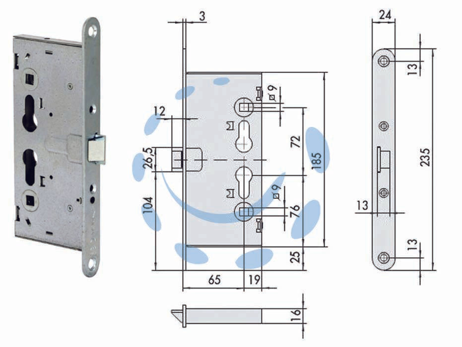 Elettroserratura da infilare per porte tagliafuoco antipanico 13110 - mm.65 (13110650) - frontale, scatola e scrocco in acciaio con rivestimento in zinco, quadro maniglia mm.9, ambidestra, 2 mandate, solo scrocco, ...