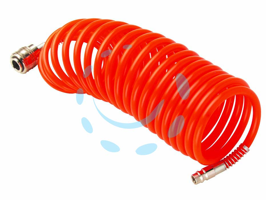 Tubo a spirale per compressori con attacchi rapidi profilo germania - ø mm.6x8 mt.7,5 - spirale nylon, colore arancio