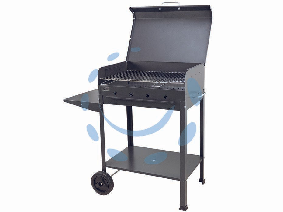 Barbecue rettangolare a carbonella stella con ruote - griglia cm.57,5x37 - struttura realizzata in acciaio verniciato nero, spessore mm.0,60, griglia in acciaio cromato doppio spessore certificata per...