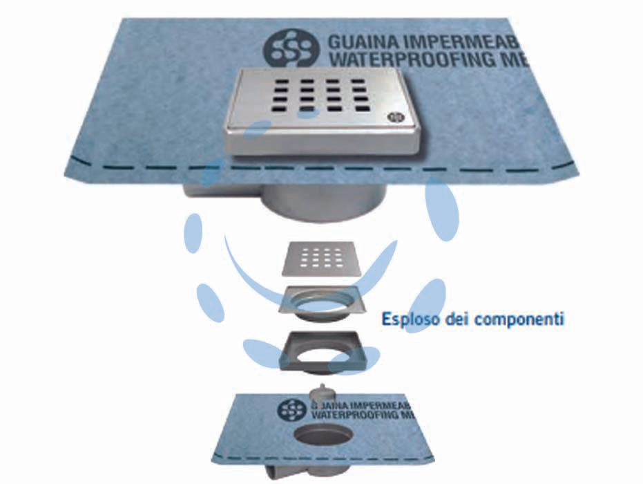 Chiusino regolabile sifonato per doccia con guaina - cm.10x10 - guaina mt.1x1 - corpo e sifone in ABS, telaio in ABS e acciaio, griglia in acciaio INOX AISI 304, con guaina composta da due strati esterni i...