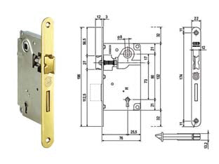 Serratura a bussola centro bordo tondo ottonato - mm.50 bordo acciaio ottonato (001.50.03) - chiave in dotazione, quadro maniglia mm.8, interasse mm.90, frontale bordo tondo mm.22, serratura per porte interne a filo o ...