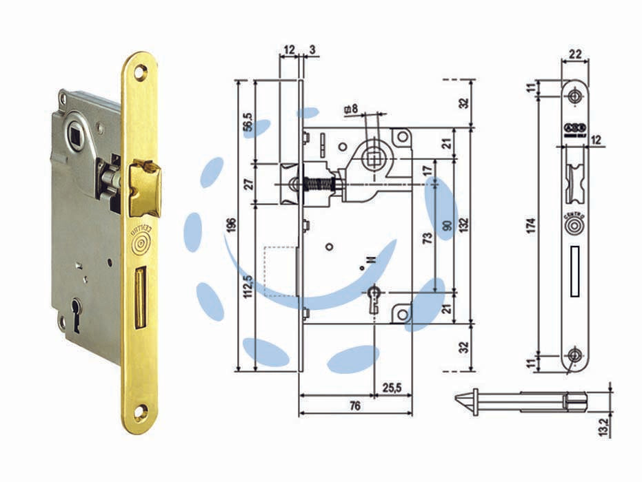 Serratura a bussola centro bordo tondo ottonato - mm.50 bordo acciaio ottonato (001.50.03) - chiave in dotazione, quadro maniglia mm.8, interasse mm.90, frontale bordo tondo mm.22, serratura per porte interne a filo o ...