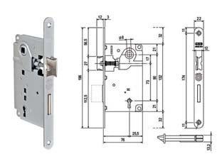 Serratura a bussola centro bordo tondo cromato opaco - mm.50 bordo acciaio cromato (001.50.34) - chiave in dotazione, quadro maniglia mm.8, interasse mm.90, frontale bordo tondo mm.22, serratura per porte interne a filo o ...