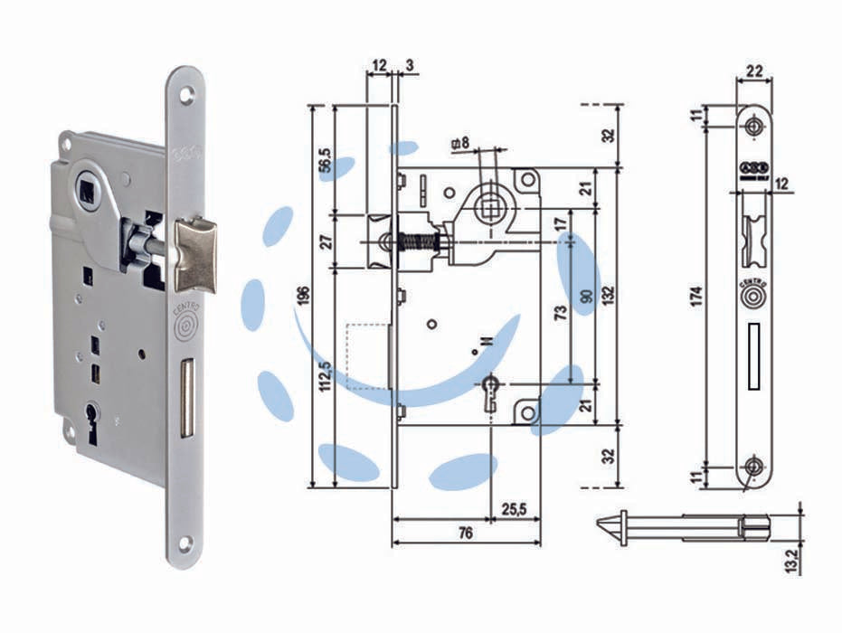 Serratura a bussola centro bordo tondo cromato opaco - mm.50 bordo acciaio cromato (001.50.34) - chiave in dotazione, quadro maniglia mm.8, interasse mm.90, frontale bordo tondo mm.22, serratura per porte interne a filo o ...