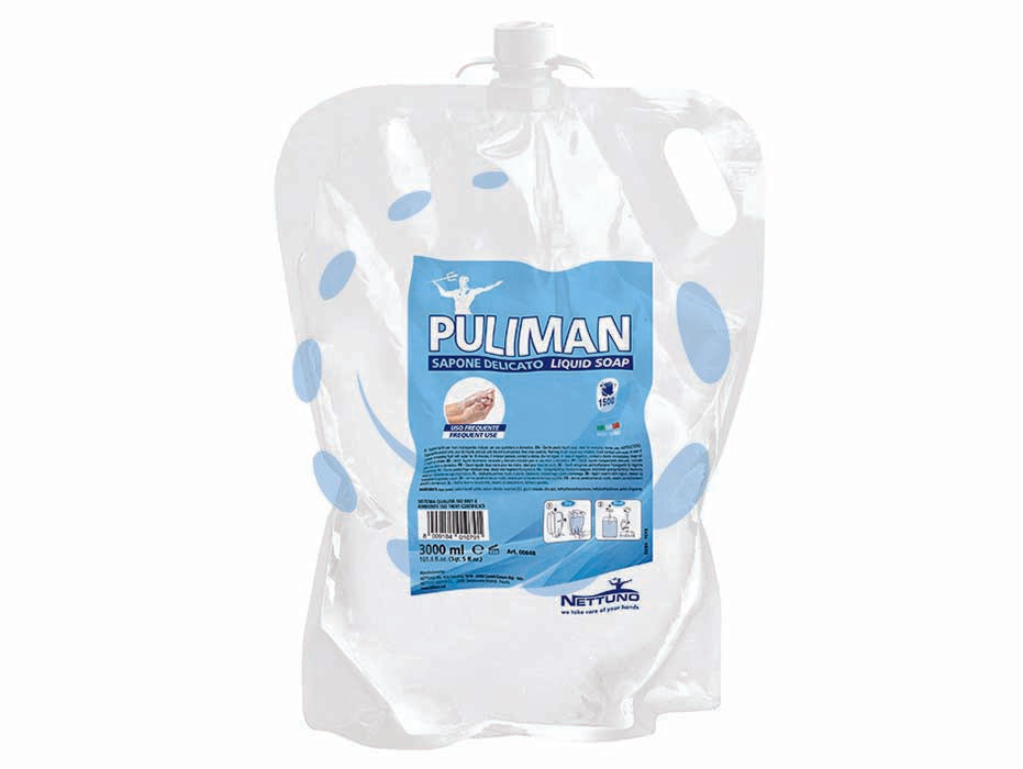 Sapone liquido lavamani puliman ricarica per dispenser - ml.3000 ricarica in sacchetto T-bag - pH fisiologico 6.7, sapone liquido madreperlato per sporchi leggeri di colore bianco e al profumo delicato di lavanda, senza ...