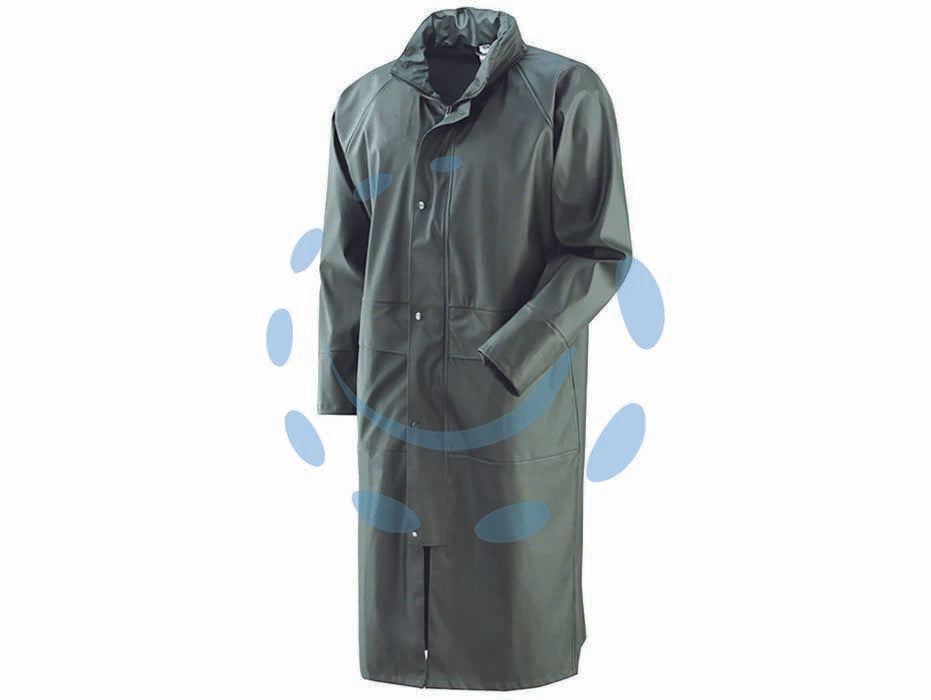 Impermeabile cappotto in poliuretano verde - tg.L colore verde - in PVC/PU con supporto 100% poliestere, peso gr.300 mq., cappuccio fisso a scomparsa con elastico, aerazione sul dorso e sott...