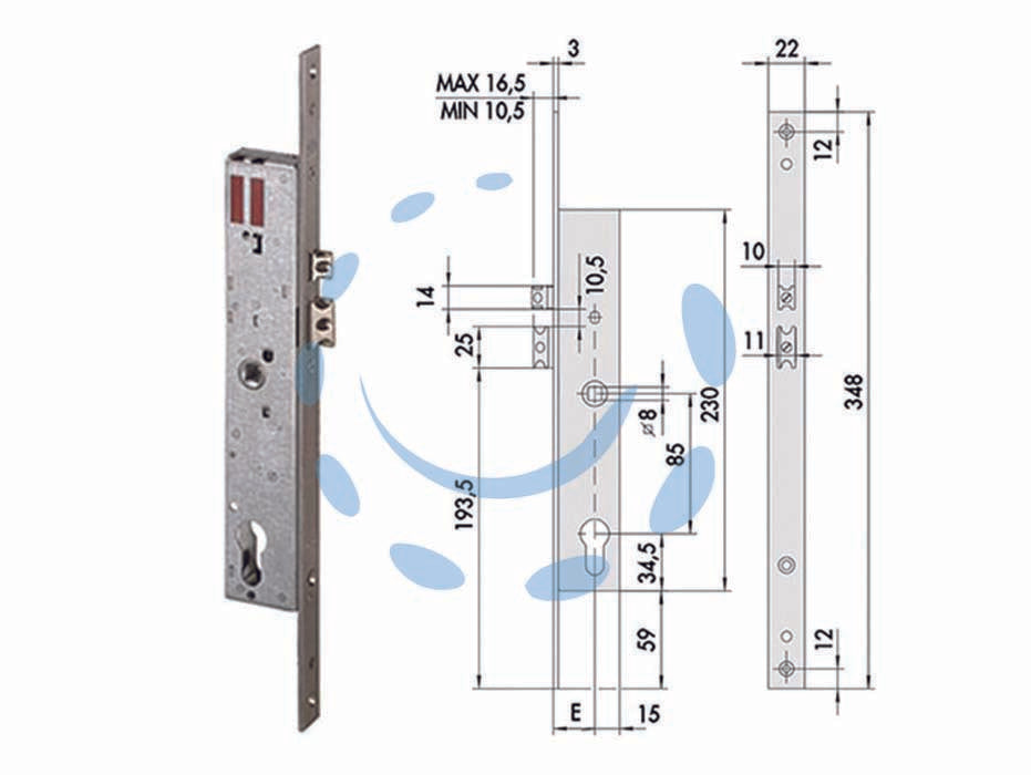 Elettroserratura da infilare per montanti con scrocco 16205 - mm.25 (16205250) - scatola in acciaio con rivestimento in zinco, frontale mm.22x348 in acciaio inox, ambidestra, scrocco e pistone regolabile da...