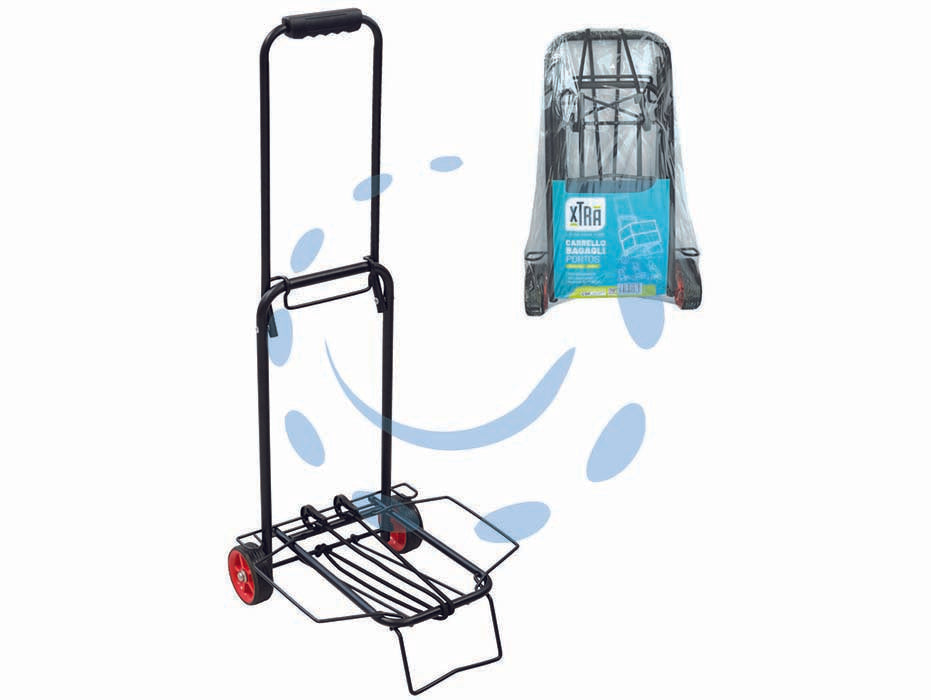 Carrello bagagli acciaio portos - cm.31x38,5x86h. - pieghevole, aletta antiribaltamento, ruote gomma+PP mm.90, impugnatura PP, struttura in acciaio, ganci elastici inclusi