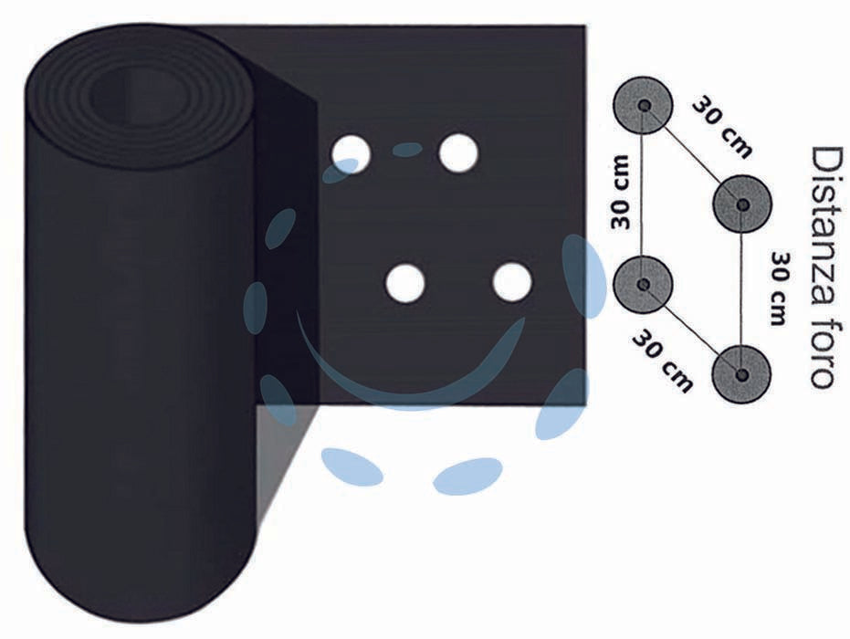 Foglia polietilene nera pacciamatura 2 fori passo cm.30 h.cm.120 - rotolo mt.30 - evita la nascita di erbe infestanti, mantiene il terreno umido e aumenta la temperatura intorno alle radici contribuendo alla...
