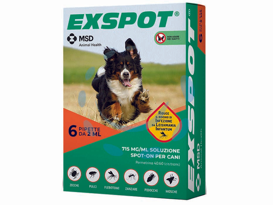 Exspot antiparassitario soluzione ml.2 - ml.2 specifico per cani confezione 6 pipette - a base di permetrina, attivo contro pulci, zecche e pidocchi, repellente per zanzare, pappataci (o flebotomi) e mosche, riduc...