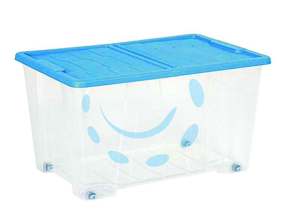 Contenitore multiuso masterbox colore trasparente/blu art.521 - cm.57x39x32h. - lt.50 - contenitore alto con coperchio doppia apertura, 4 ruote