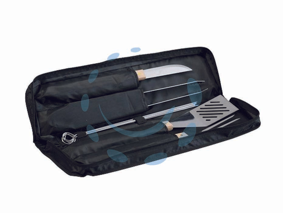 Borsa set utensili per barbecue in tessuto - set composto da 1 coltello in acciaio inox, 1 pinza, 1 forchettone, 6 spiedini e 1 spatola, custodia in tessuto per una conse...