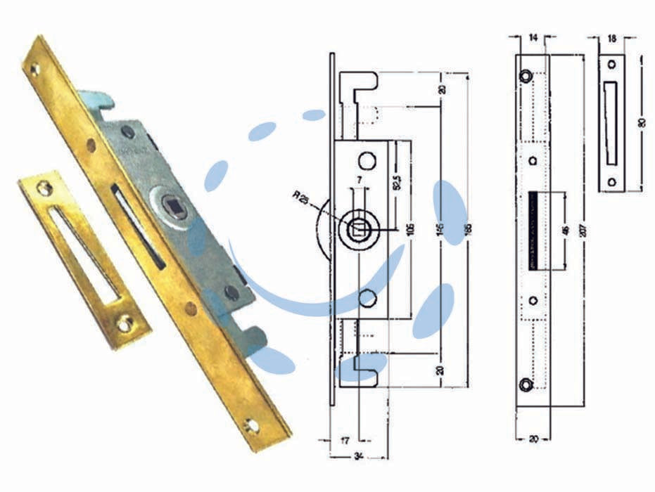 Cremonese triplice chiusura per finestra bordo quadro ottonato - entrata mm.17 - con ganci per applicazione aste, foro quadro mm.7, bordo mm.207x20, controbordo mm.80x18