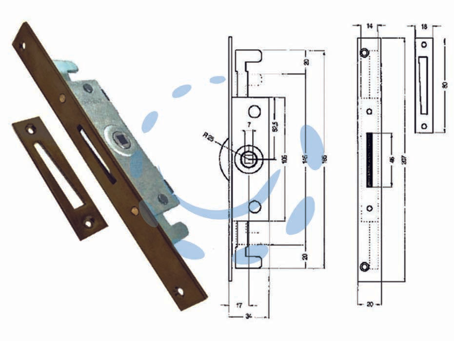 Cremonese triplice chiusura per finestra bordo quadro bronzato - entrata mm.17 - con ganci per applicazione aste, foro quadro mm.7, bordo mm.207x20, controbordo mm.80x18