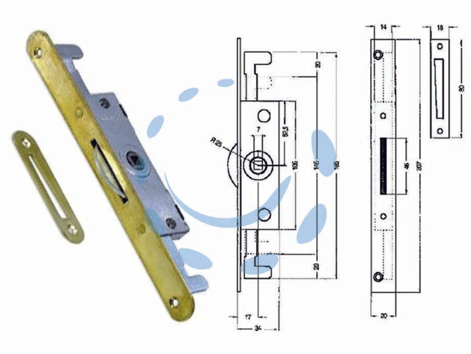 Cremonese triplice chiusura per finestra bordo tondo ottonato - entrata mm.17 - con ganci per applicazione aste, foro quadro mm.7, bordo mm.207x20, controbordo mm.80x18