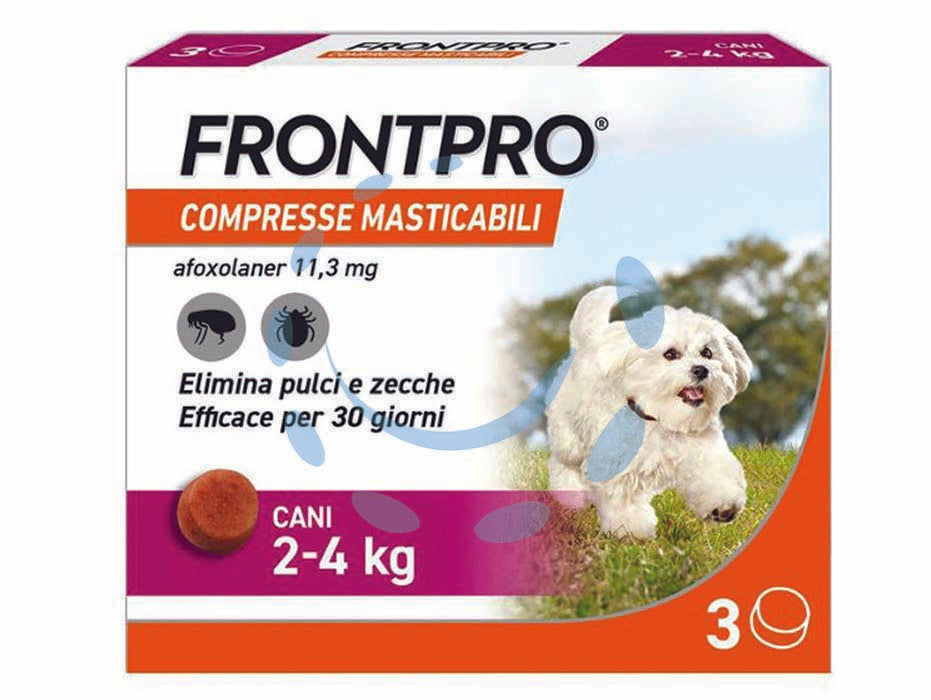 Frontpro compresse masticabili per cani kg.2-4 - confezione 3 compresse - compressa masticabile ad azione mirata contro pulci e zecche, le pulci vengono uccise prima che producano le uova, prevenendo...