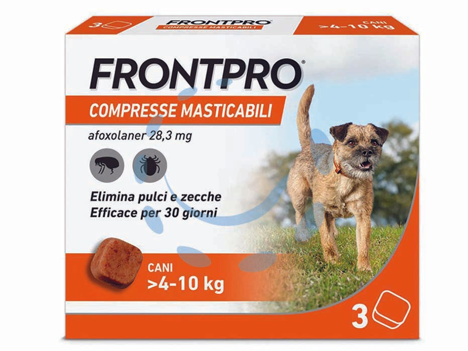 Frontpro compresse masticabili per cani kg.4-10 - confezione 3 compresse - compressa masticabile ad azione mirata contro pulci e zecche, le pulci vengono uccise prima che producano le uova, prevenendo...