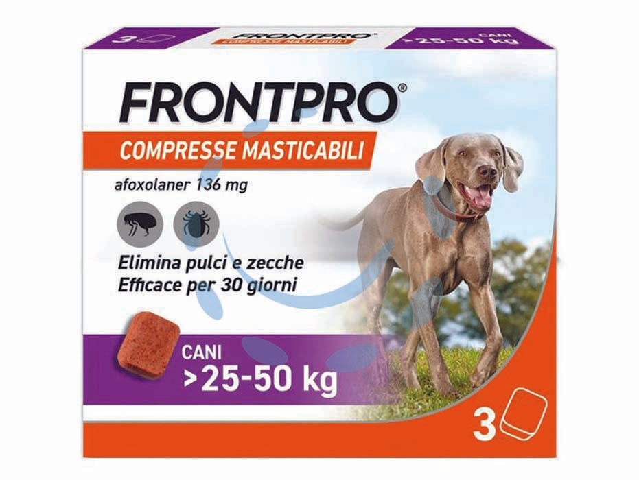 Frontpro compresse masticabili per cani kg.25-50 - confezione 3 compresse - compressa masticabile ad azione mirata contro pulci e zecche, le pulci vengono uccise prima che producano le uova, prevenendo...