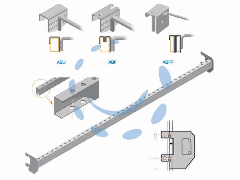 Barra universale cromata con fori passanti interasse mm.25 - mm.1000 l. - mm.50 p. (mm.39 dal fondale) - componente per arredamento negozio in acciao cromato, per accessori con aggancio ABU / ABF / ABFP